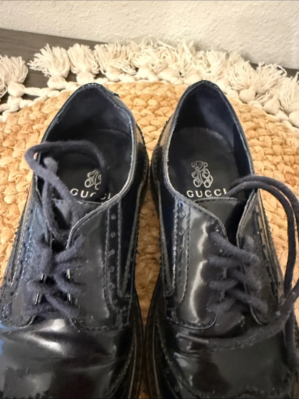 Gucci Kids BLack Patent Leather Wingtip Brogue Lace Up Shoes Size EU 27 US 10.5